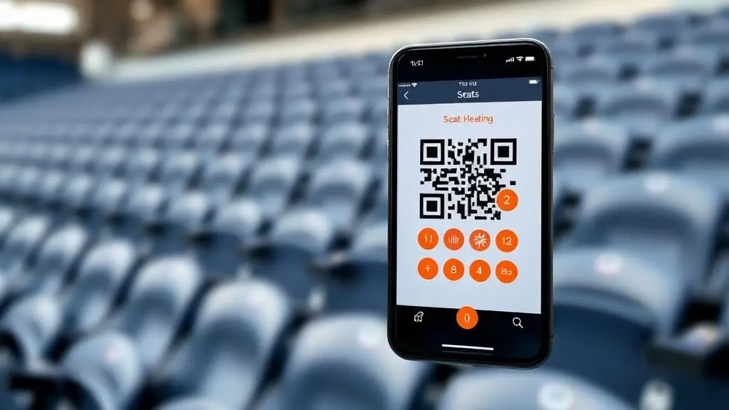Smartphone mit der SmartSeats-App zum Aktivieren der Sitzheizung per QR-Code vor einer Stadiontribüne
