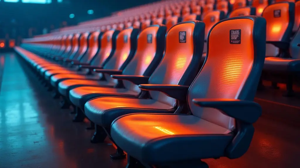 Row of heated SmartSeats grandstand seats with a QR code on the backrest